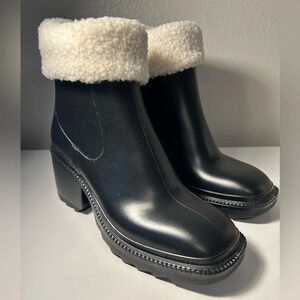INC International Concepts Black Heeled Boots with Cream Cuff